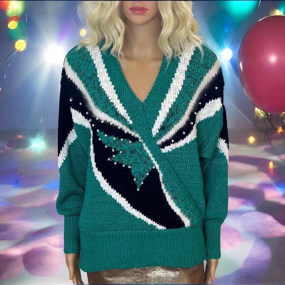 Vintage Sweater Geometric V Neck Green Glam by Sideffects M - Picture 7 of 9